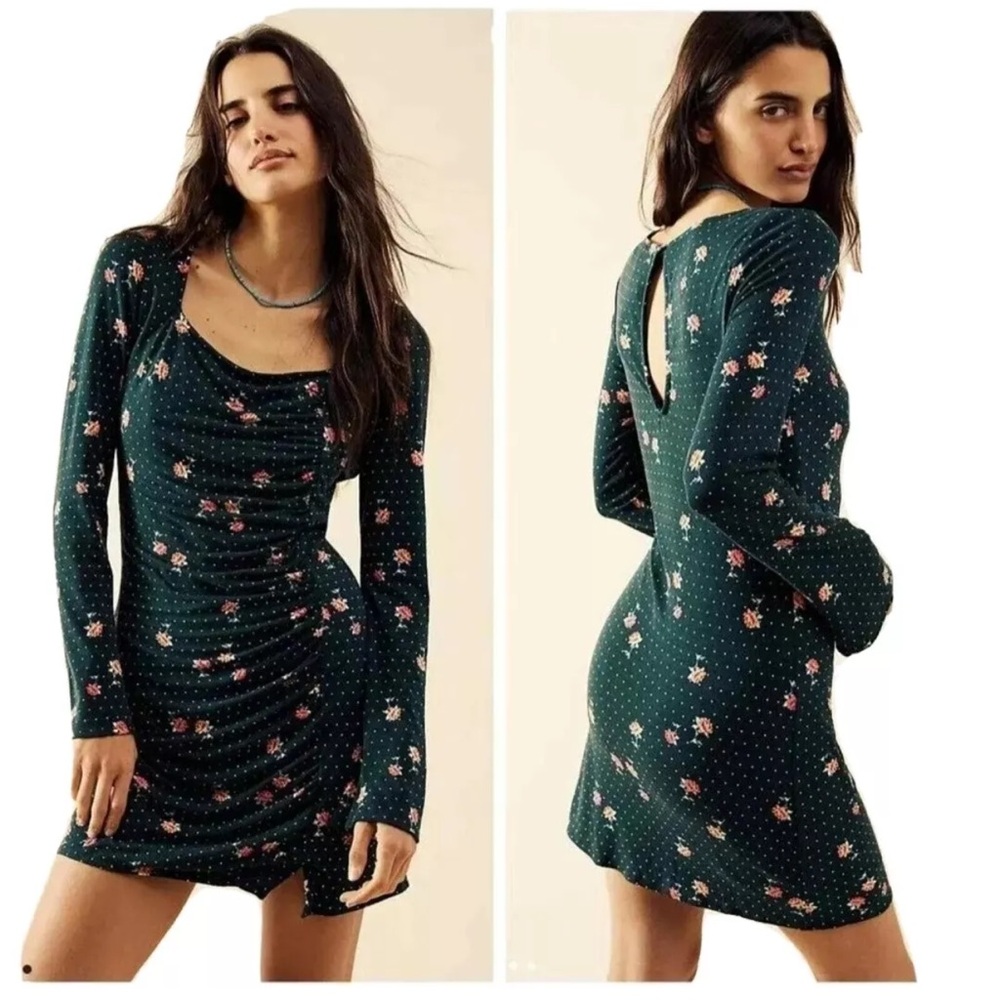 NWT Free People Celia Green Polka Dot & Floral Print Long Sleeve Mini Dress XS